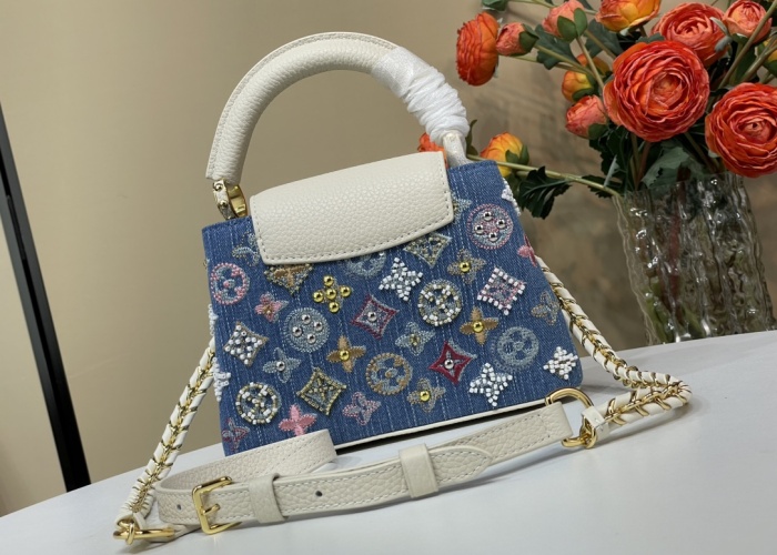 LV女包顶级原单复刻独家实拍📷【CAPUCINES 迷你手袋】 m12947 蓝色牛仔刺绣（白贝母）